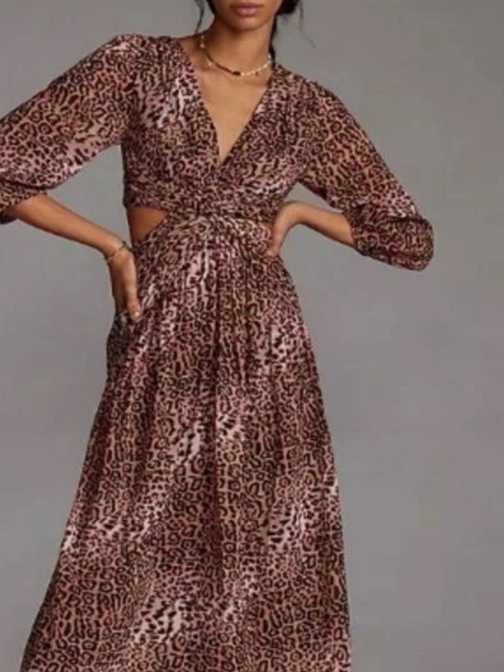 Ranna Gill Anthropologie Leopard Print Cut-Out Midi Dress Brown